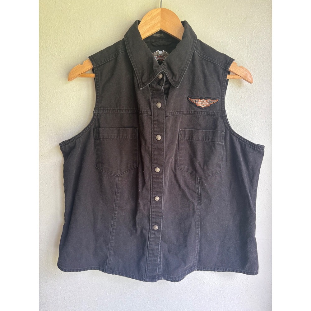 Harley Davidson Womens XL Black Cotton Biker Vest Button Front 2003 Vintage